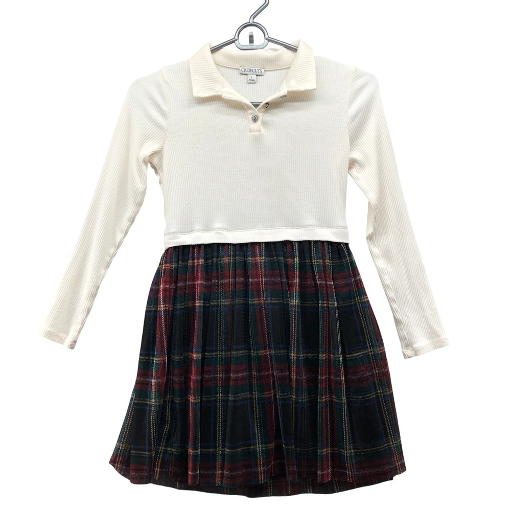Crewcuts Girls Size 8 Holiday Plaid‎ Tulle Dress Long Sleeve Ribbed Collared